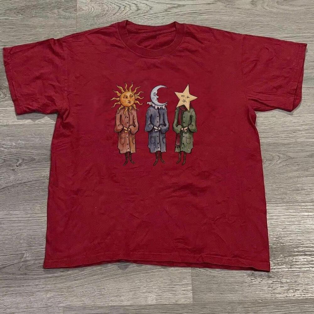 Red Graphic Tee With Sun Moon And Star Design